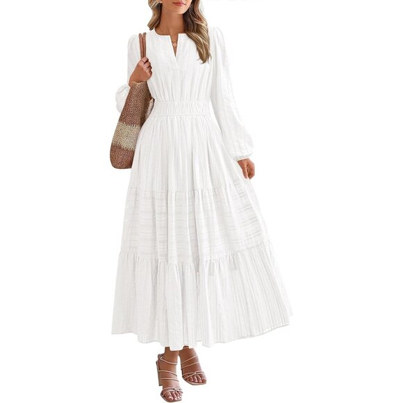 Dresses & Skirts - Women White Long Sleeve V Neck Elastic Waist Lightweight Maxi Dress Pockets